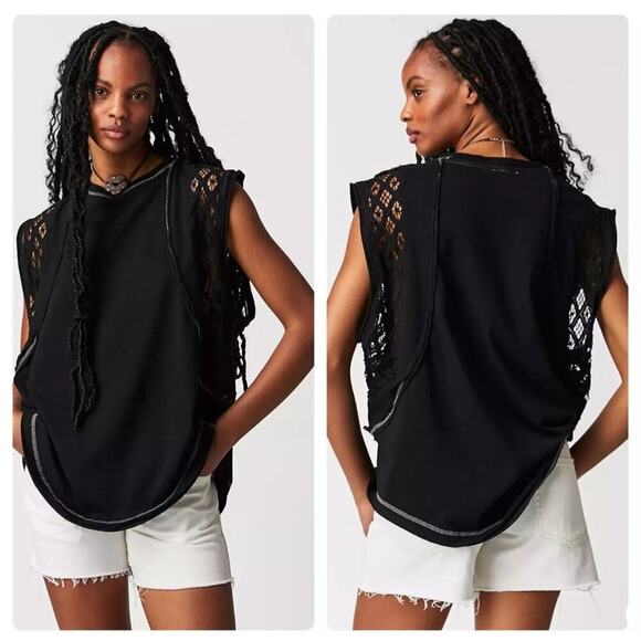 FREE PEOPLE Table For Two Tee Tunic Top Size Small Black Relaxed Fit EUC - Picture 6 of 6